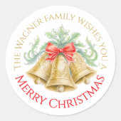 Sticker Rond Cloches dorées aquarelle rouge arc Joyeux Noël (Devant)