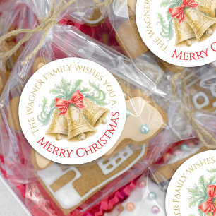 Sticker Rond Cloches dorées aquarelle rouge arc Joyeux Noël