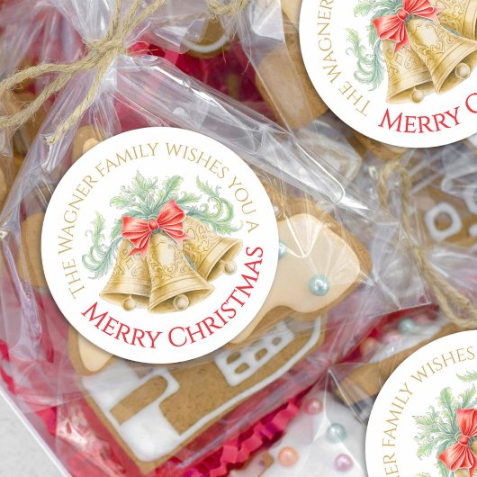 Sticker Rond Cloches dorées aquarelle rouge arc Joyeux Noël