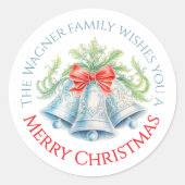 Sticker Rond Cloches en argent aquarelle arc rouge Joyeux Noël (Devant)