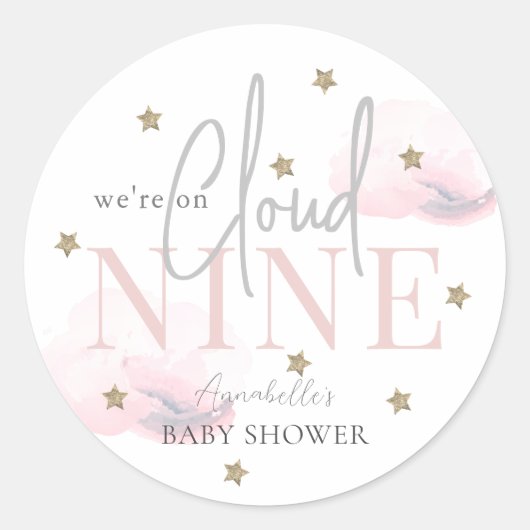 Sticker Rond Cloud 9 Gold Stars Aquarelle Baby shower rose (Devant)