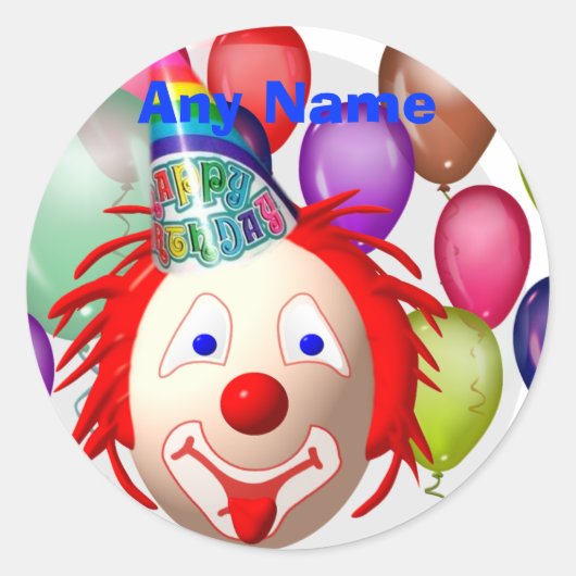 Sticker Rond Clown d'anniversaire, n'importe quel nom (Devant)