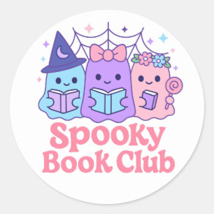 Sticker Rond Club de livre éffrayant Cute Ghost Lecture