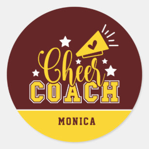 Sticker Rond Coach Cheer Cute Personnalisé Maroon & Jaune