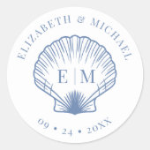 Sticker Rond Coastal Blue Beach Shell Mariage Monogramme (Devant)