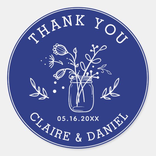Sticker Rond Cobalt Blue Wedding Thank You Mason Jar Flowers  (Devant)