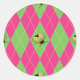 Sticker Rond Coccinelle à motifs de losanges rose et verte