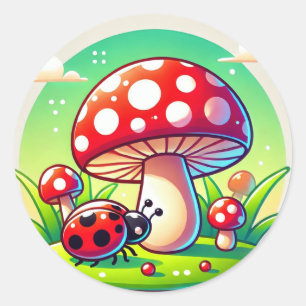 Sticker Rond Coccinelle sur l'herbe avec un champignon vibrant