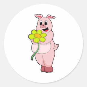 Sticker Rond Cochon à fleurs jaunes