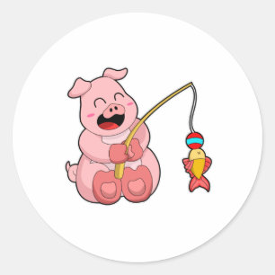 Sticker Rond Cochon à la pêche avec poisson