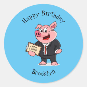 Sticker Rond Cochon amusant en costume d'affaires dessin animé