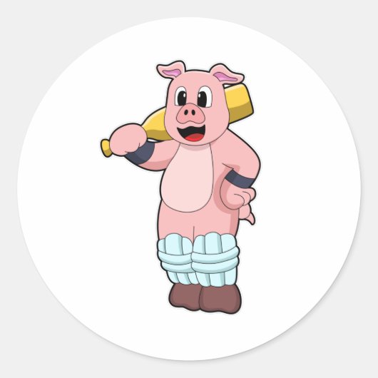 Sticker Rond Cochon au cricket avec batte de cricket (Devant)