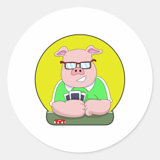 Sticker Rond Cochon au poker avec cartes (Devant)