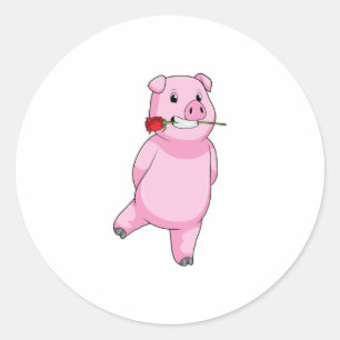 Sticker Rond Cochon avec fleur Rose
