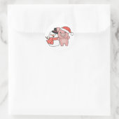 Sticker Rond Cochon Avec Snowman En Hiver Pour Noël Classique R (Sac)