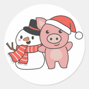 Sticker Rond Cochon Avec Snowman En Hiver Pour Noël Classique R