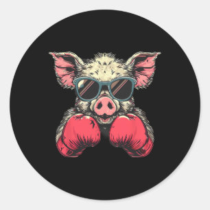 Sticker Rond Cochon Boxeur Avec Gants De Boxe Kickboxing Drôle