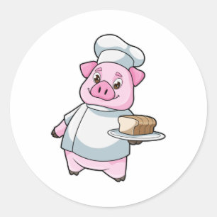 Sticker Rond Cochon comme chef avec Plateau et Cake