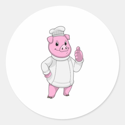 Sticker Rond Cochon comme cuisinier avec casquette chef (Devant)
