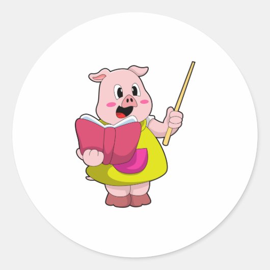 Sticker Rond Cochon comme enseignant avec livre (Devant)