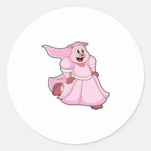 Sticker Rond Cochon comme mariée avec robe de mariée