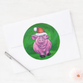 Sticker Rond Cochon de Fête à Santa Hat sur Vert (Enveloppe)