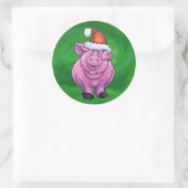Sticker Rond Cochon de Fête à Santa Hat sur Vert (Sac)