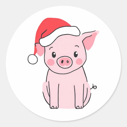 Sticker Rond Cochon de Noël de Noël avec chapeau de Noël (Devant)