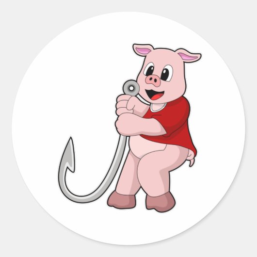 Sticker Rond Cochon de pêche avec hameçon de poisson (Devant)