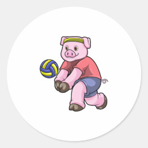 Sticker Rond Cochon de sport avec volleyball