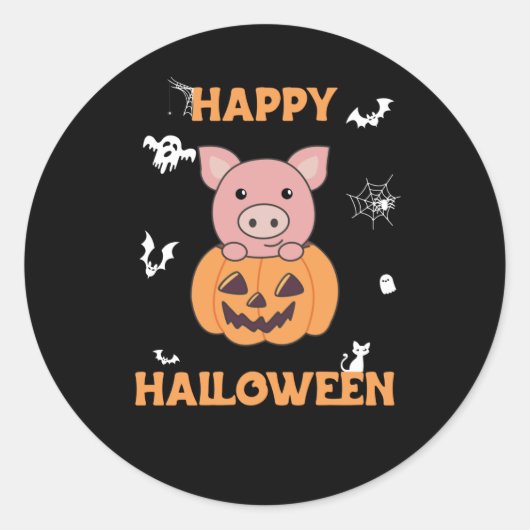 Sticker Rond Cochon En Citrouille Cochons Doux Joyeux Halloween (Devant)