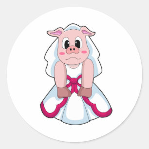 Sticker Rond Cochon en mariée avec robe Mariage