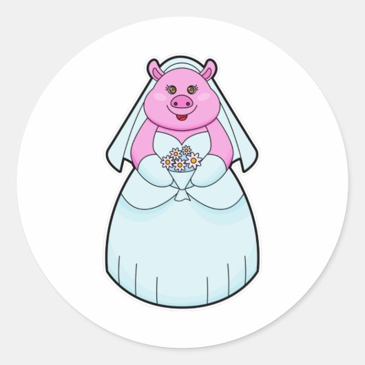 Sticker Rond Cochon en mariée avec Voile (Devant)