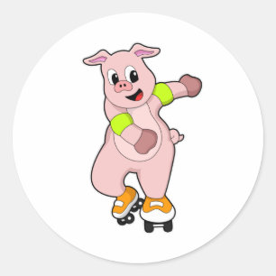 Sticker Rond Cochon en patinage avec patins en ligne