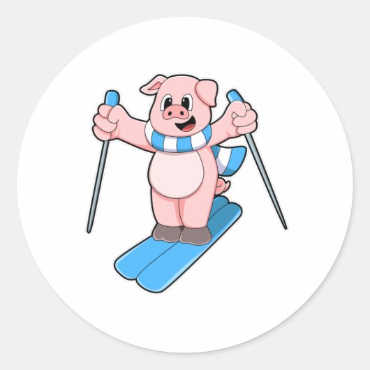 Sticker Rond Cochon en ski avec ski Scarf & Ski Poteaux (Devant)