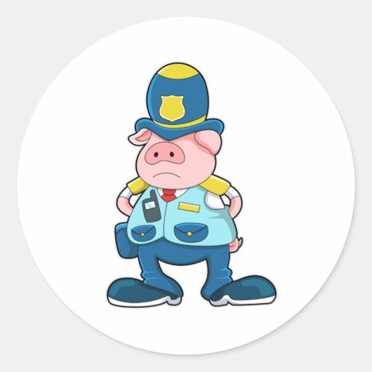Sticker Rond Cochon en tant qu'agent de police avec police Unif (Devant)