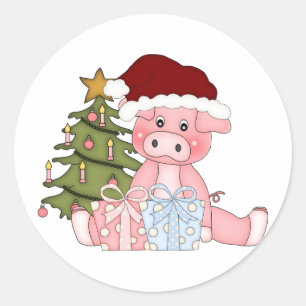 Sticker Rond Cochon et arbre de Noël