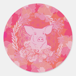 Sticker Rond cochon, fleur de vie, bleu, mandala, zen, chakra,