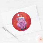 Sticker Rond Cochon mignon à Santa Hat sur rouge (Enveloppe)