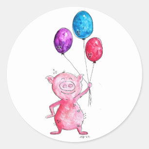 Sticker Rond Cochon rose géant avec ballons