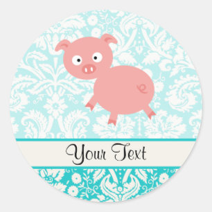Sticker Rond Cochon rose mou ; Damas Turquoise