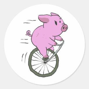 Sticker Rond Cochon vintage sur monocycle  choisir la couleur a