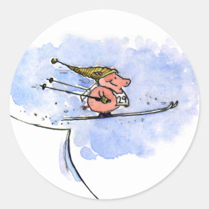 Sticker Rond Cochon Volant - Cochon Athlète de Saut à Ski Cool