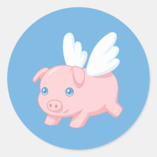 Sticker Rond Cochonnet Volant avec des Ailes sur Fond Bleu