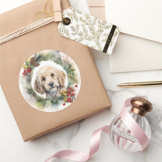 Sticker Rond Cockapoo Christmas Wreath Festive Pup (Cadeaux)