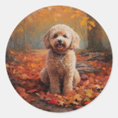 Sticker Rond Cockapou dans les feuilles d'automne automne autom (Devant)