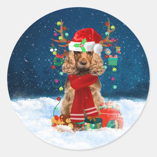 Sticker Rond Cocker Spaniel chien avec cadeaux de Noël (Devant)