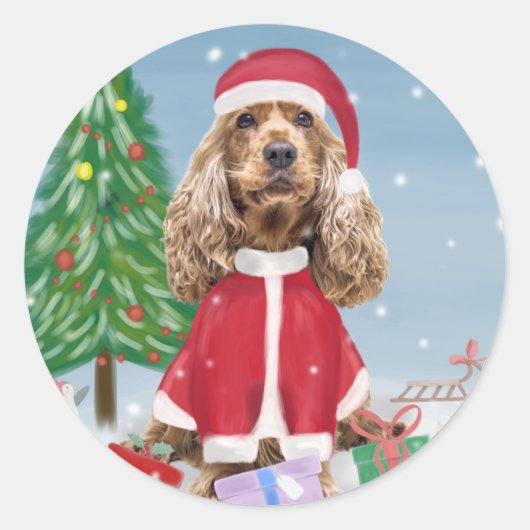 Sticker Rond Cocker Spaniel Chien en neige avec cadeaux de Noël (Devant)