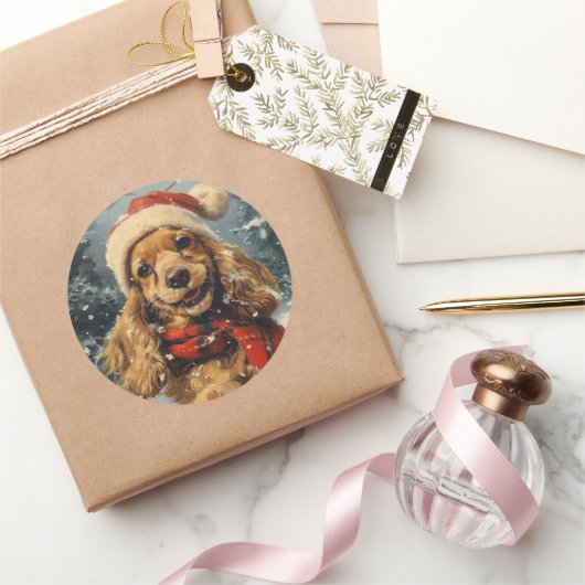 Sticker Rond Cocker Spaniel Christmas (Cadeaux)