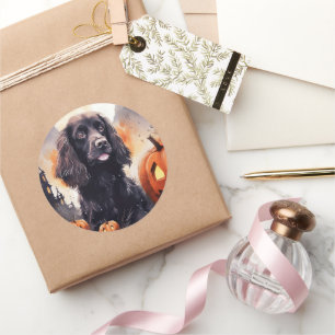 Sticker Rond Cocker Spaniel Halloween avec citrouilles